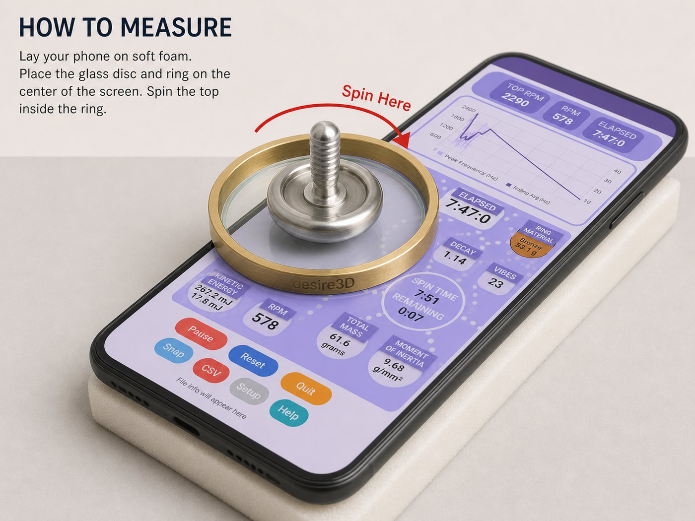 Illustration showing a phone on foam with a brass ring, glass disc, and spinning top test surface